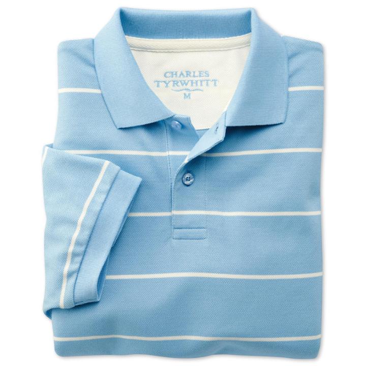 Charles Tyrwhitt Charles Tyrwhitt Sky And White Short Sleeve Stripe Classic Fit Pique Polo (m)
