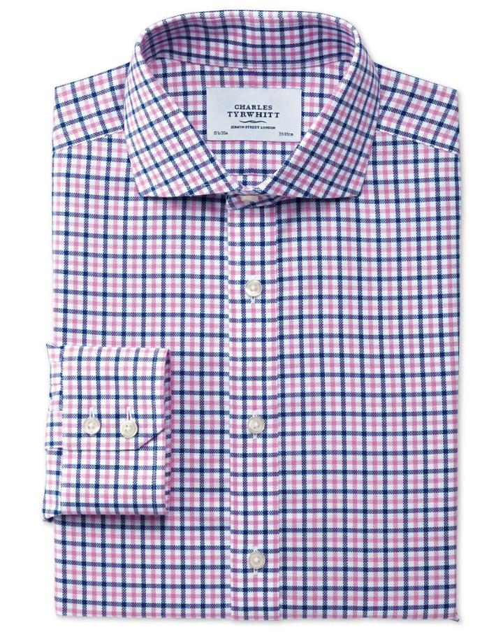 Charles Tyrwhitt Slim Fit Spread Collar Non-iron Royal Oxford Check Blue And Pink Cotton Dress Casual Shirt Single Cuff Size 16/35 By Charles Tyrwhitt