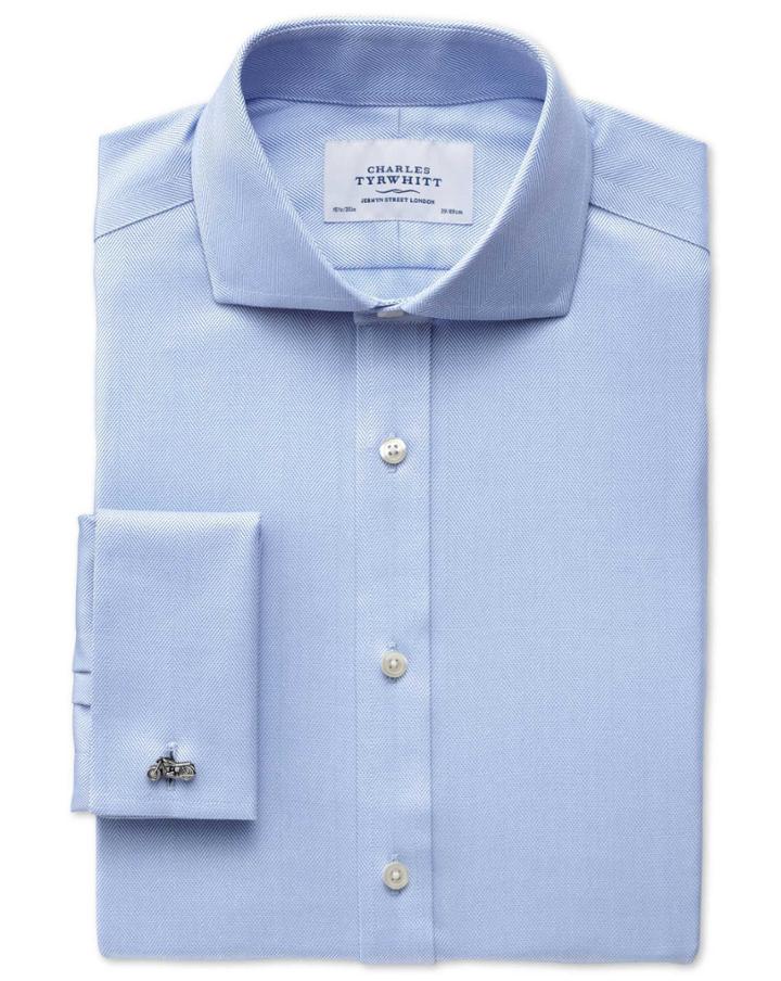 Charles Tyrwhitt Charles Tyrwhitt Slim Fit Spread Collar Non-iron Herringbone Sky Blue Cotton Dress Shirt Size 14.5/32
