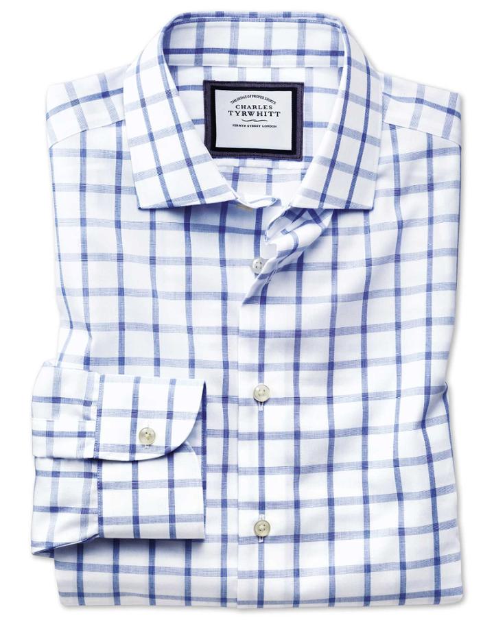 Charles Tyrwhitt Slim Fit Semi-spread Collar Non-iron Business Casual Blue And White Check Cotton Dress Shirt Single Cuff Size 14.5/32 By Charles Tyrwhitt