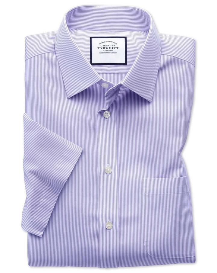 Charles Tyrwhitt Classic Fit Non-iron Bengal Stripe Short Sleeve Lilac Cotton Dress Shirt Size 15.5/short By Charles Tyrwhitt