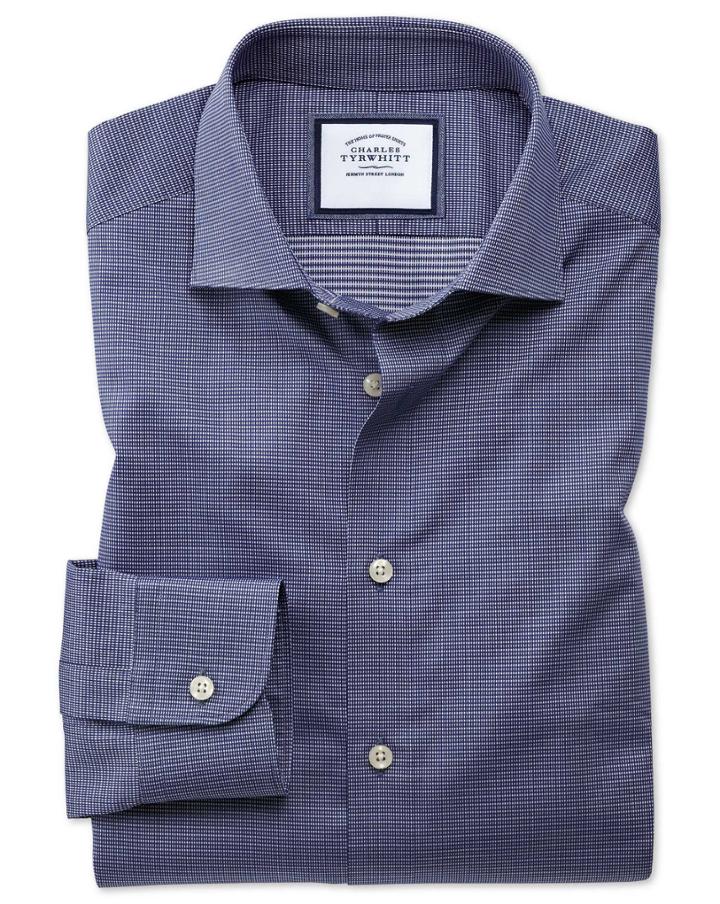 Charles Tyrwhitt Slim Fit Semi-spread Collar Business Casual Navy Multi Puppytooth Cotton Dress Shirt Single Cuff Size 14.5/33 By Charles Tyrwhitt