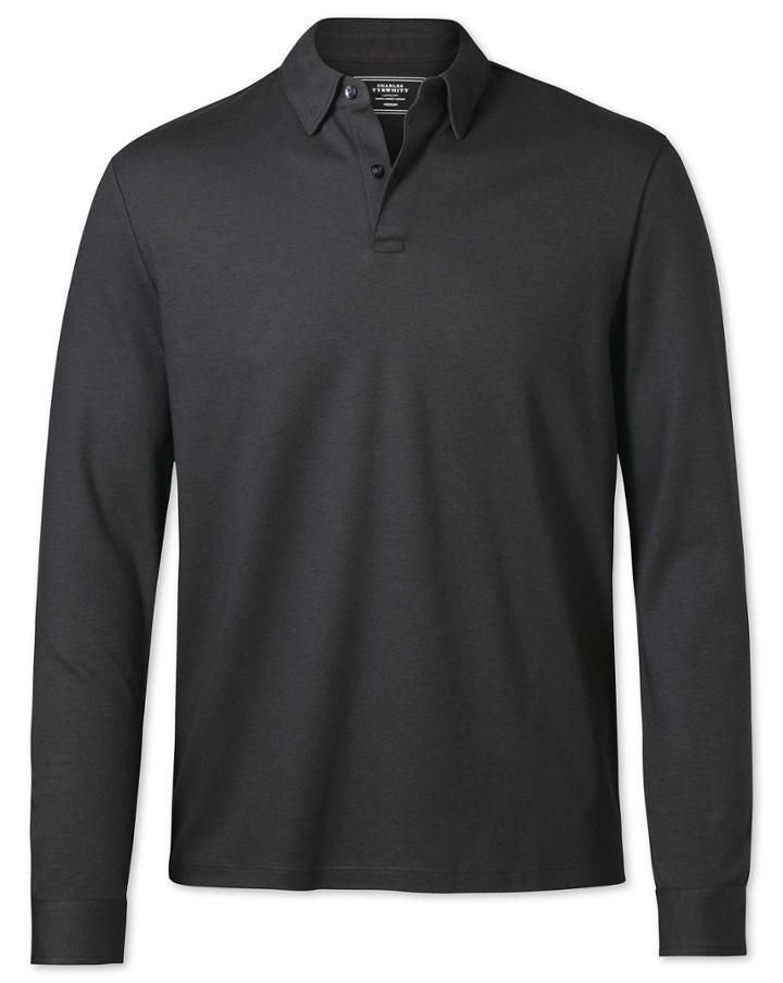  Plain Charcoal Long Sleeve Jersey Cotton Polo Size Large By Charles Tyrwhitt