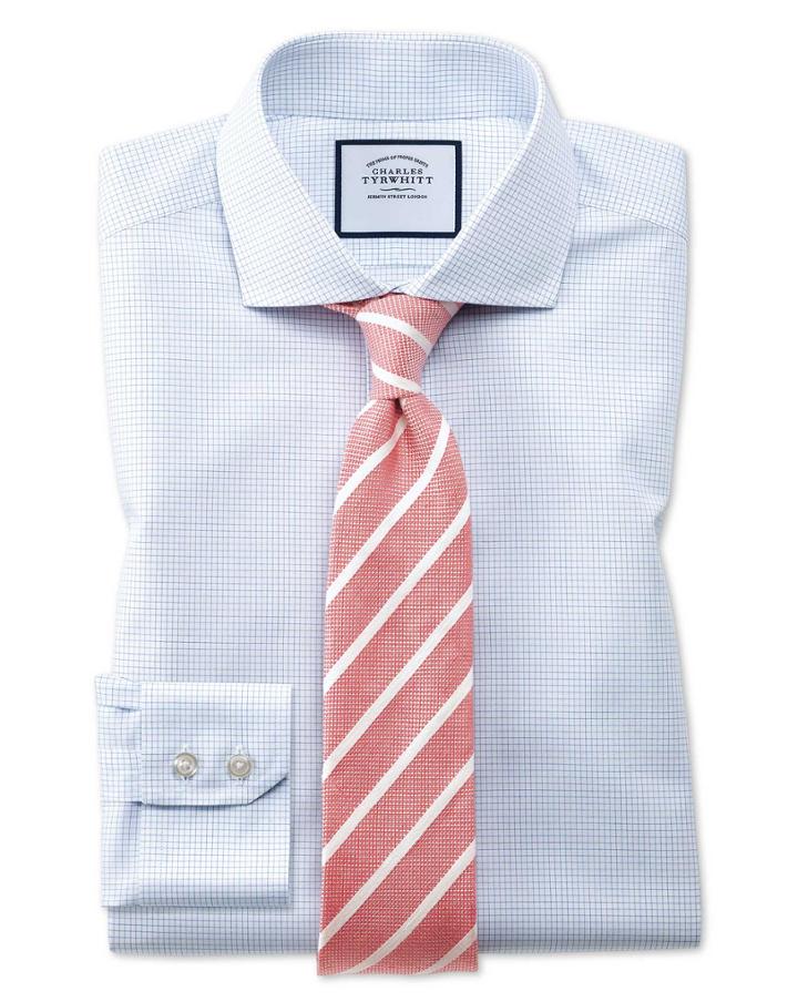  Slim Fit Spread Collar Non-iron Natural Cool Micro Check Blue Cotton Dress Shirt Single Cuff Size 17/37 By Charles Tyrwhitt