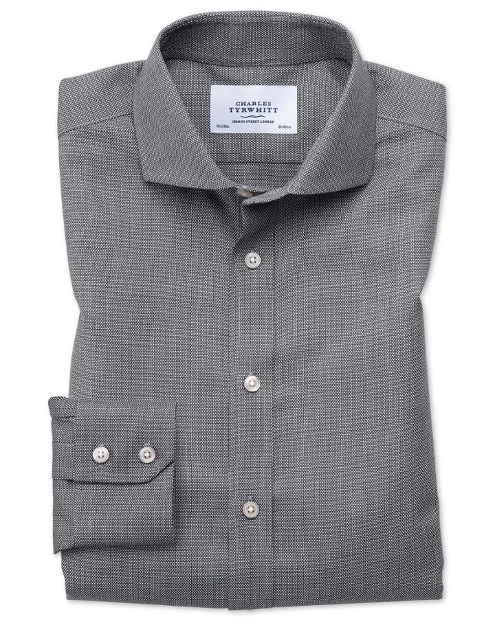 Charles Tyrwhitt Slim Fit Spread Collar Non-iron Textured Black And White Cotton Dress Shirt Single Cuff Size 14.5/33 By Charles Tyrwhitt