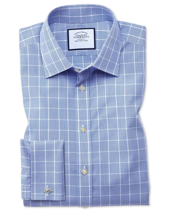 Charles Tyrwhitt Classic Fit Non-iron Prince Of Wales Mid Blue Cotton Dress Shirt French Cuff Size 15/33 By Charles Tyrwhitt