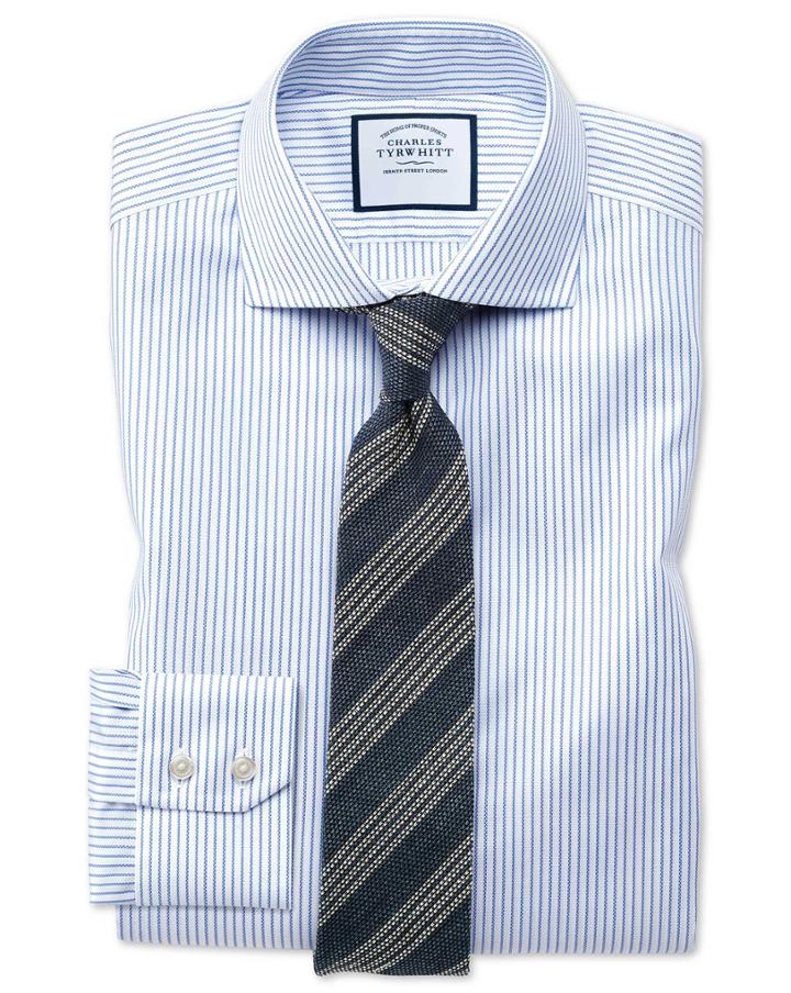 Charles Tyrwhitt Slim Fit Spread Collar Non-iron Cotton Stretch Oxford Stripe Blue And White Dress Shirt Single Cuff Size 15/33 By Charles Tyrwhitt