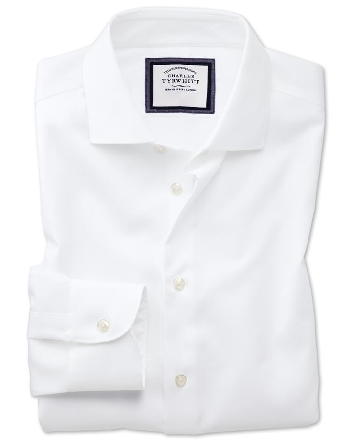 Charles Tyrwhitt Slim Fit Semi-spread Collar Business Casual Non-iron Modern Textures White Cotton Dress Shirt Single Cuff Size 15/33 By Charles Tyrwhitt