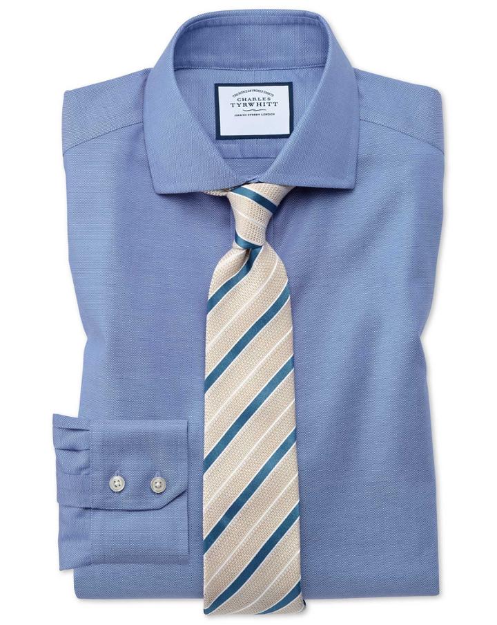 Charles Tyrwhitt Slim Fit Spread Collar Non-iron Cotton Stretch Oxford Mid Blue Dress Shirt Single Cuff Size 15/32 By Charles Tyrwhitt