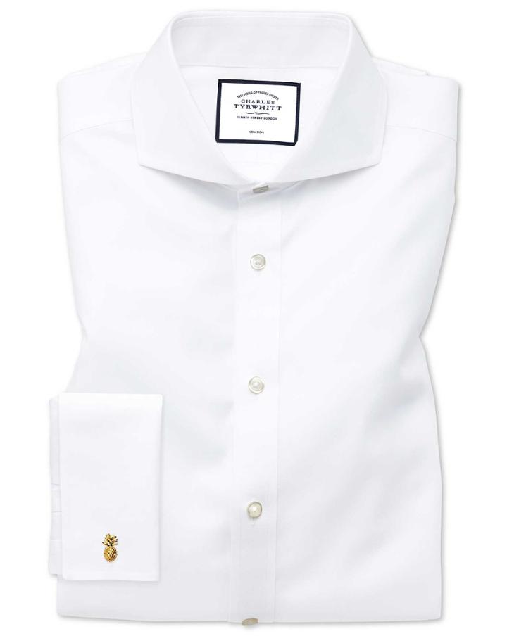  Slim Fit White Non-iron Twill Extreme Spread Collar Cotton Dress Shirt French Cuff Size 15/33 By Charles Tyrwhitt