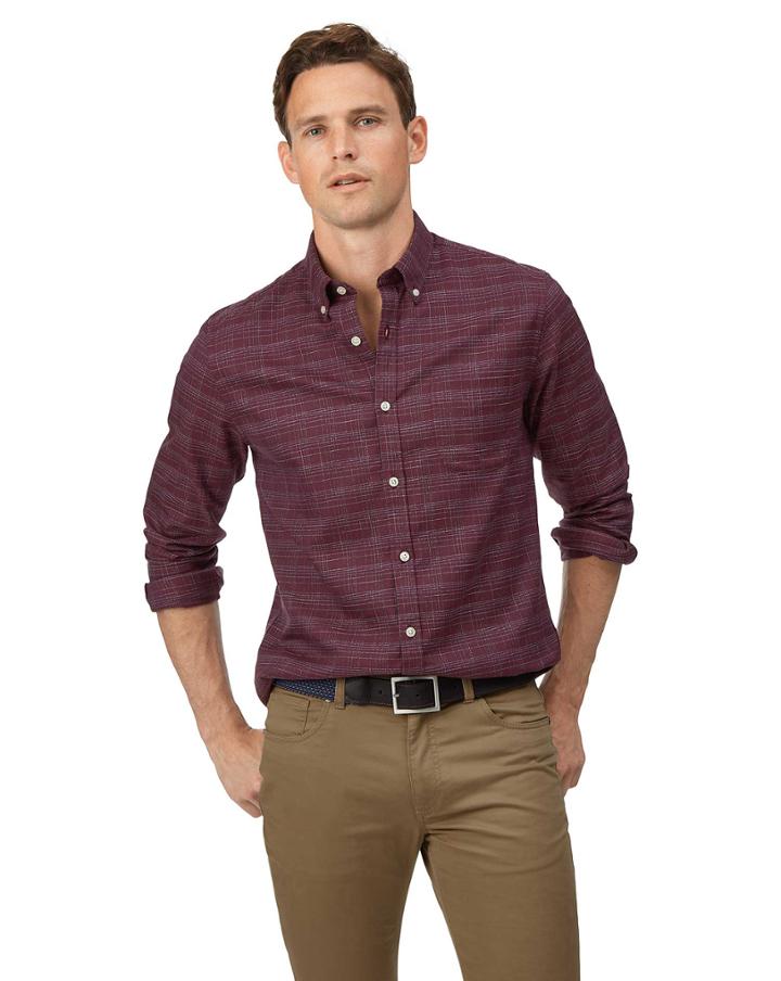  Extra Slim Fit Soft Washed Non-iron Twill Berry Grid Check Cotton Casual Shirt Single Cuff Size Small By Charles Tyrwhitt