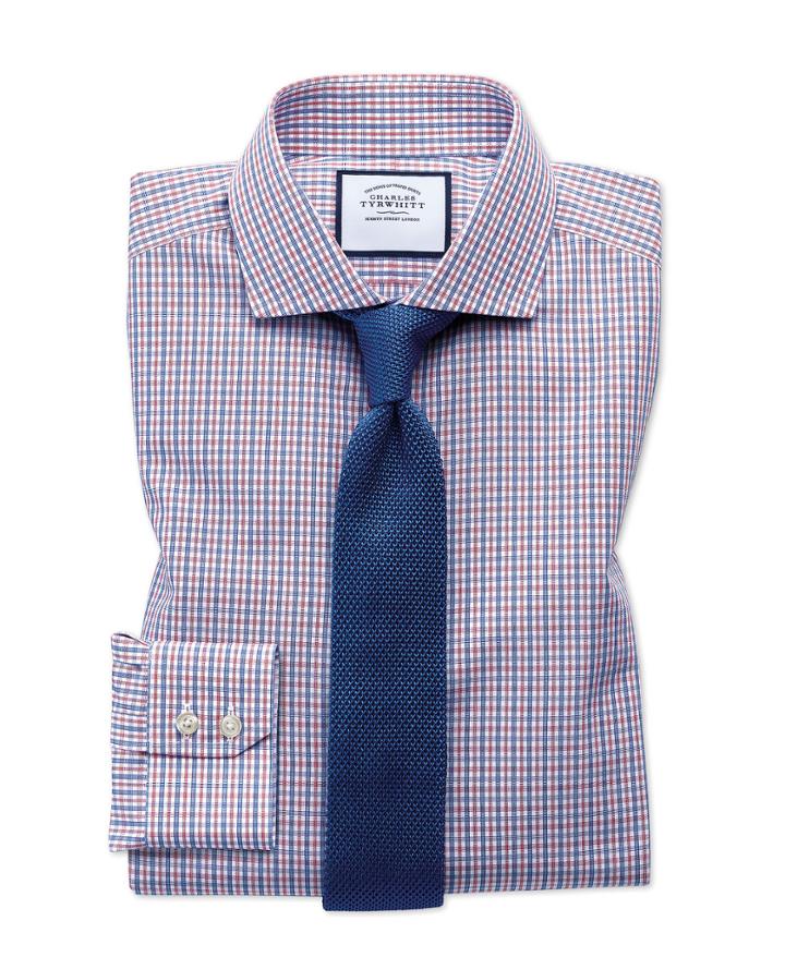  Extra Slim Fit Non-iron Blue And Red Check Cotton Dress Shirt French Cuff Size 14.5/33 By Charles Tyrwhitt