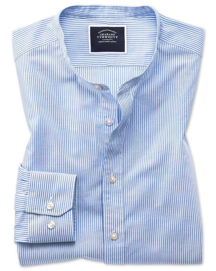  Slim Fit White And Sky Blue Stripe Collarless Cotton Casual Shirt Single Cuff Size Large By Charles Tyrwhitt