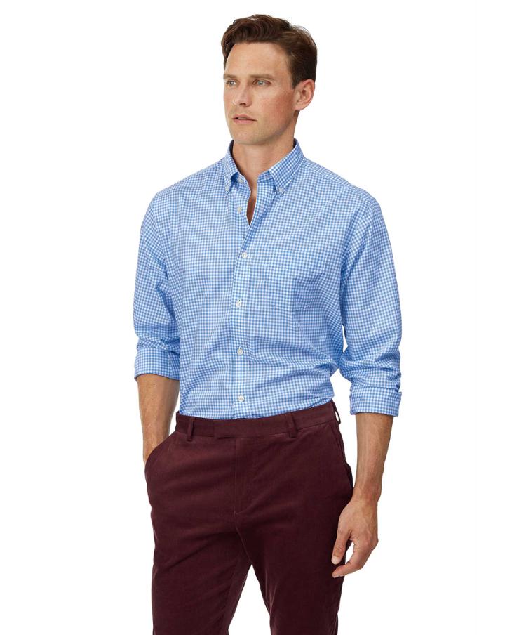 Classic Fit Sky Blue Check Gingham Soft Washed Non-iron Stretch Poplin Cotton Casual Shirt Single Cuff Size Medium By Charles Tyrwhitt