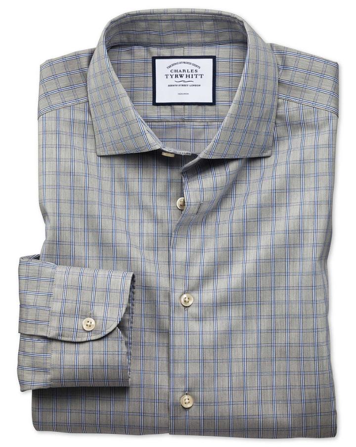  Classic Fit Business Casual Non-iron Grey Windowpane Check Cotton Dress Shirt Single Cuff Size 15.5/34 By Charles Tyrwhitt