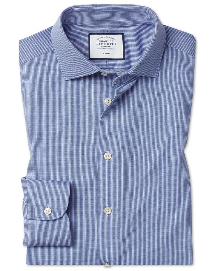  Slim Fit Business Casual Travel Blue And White Stripe Cotton Dress Shirt Single Cuff Size 15.5/33 By Charles Tyrwhitt