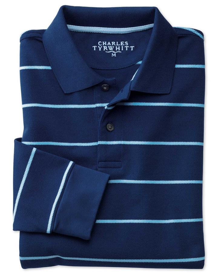 Charles Tyrwhitt Blue And Sky Stripe Pique Long Sleeve Cotton Polo Size Large By Charles Tyrwhitt