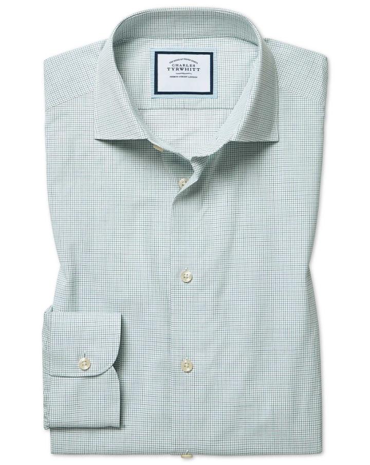  Classic Fit Peached Egyptian Cotton Green And Blue Check Dress Shirt Single Cuff Size 15.5/34 By Charles Tyrwhitt