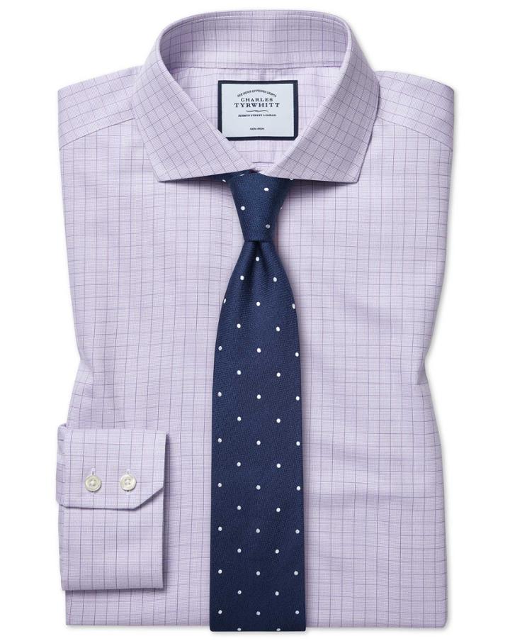  Slim Fit Cutaway Collar Non-iron Soft Twill Lilac Check Cotton Dress Shirt Single Cuff Size 15/33 By Charles Tyrwhitt