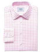 Slim Fit Non-iron Twill Grid Check Light Pink Cotton Dress Shirt Single Cuff Size 14.5/33 By Charles Tyrwhitt