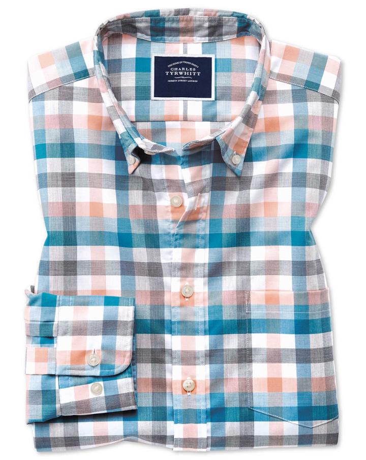  Slim Fit Coral Multi Check Soft Washed Non-iron Tyrwhitt Cool Cotton Casual Shirt Single Cuff Size Large By Charles Tyrwhitt
