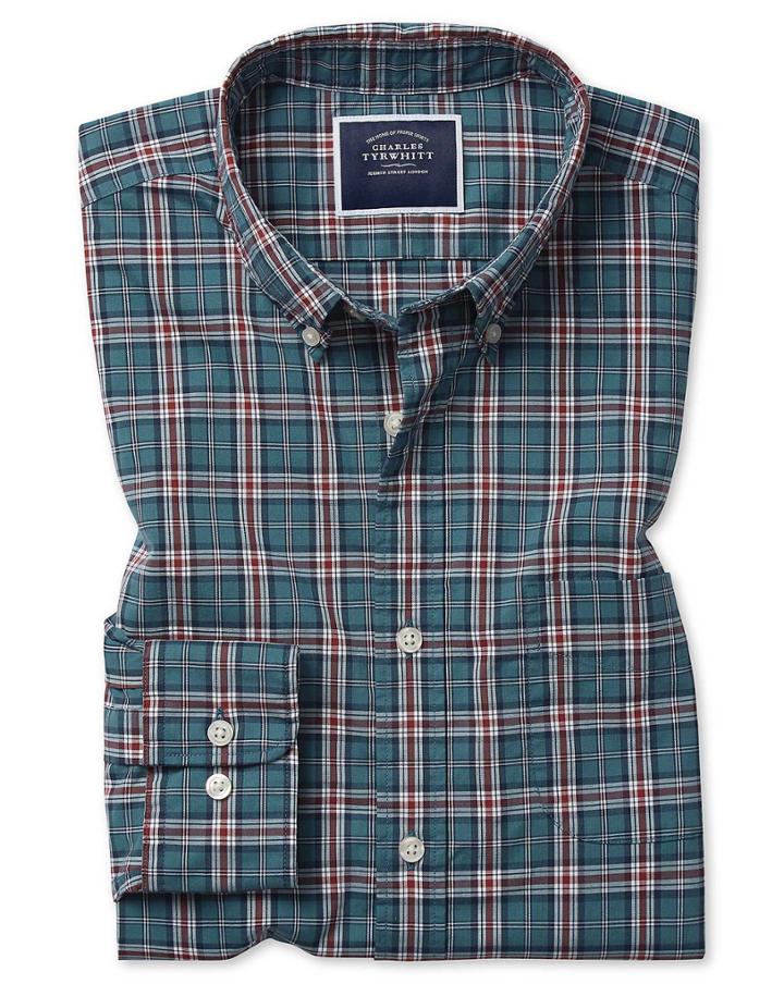  Slim Fit Teal Check Soft Washed Stretch Poplin Cotton Casual Shirt Single Cuff Size Large By Charles Tyrwhitt