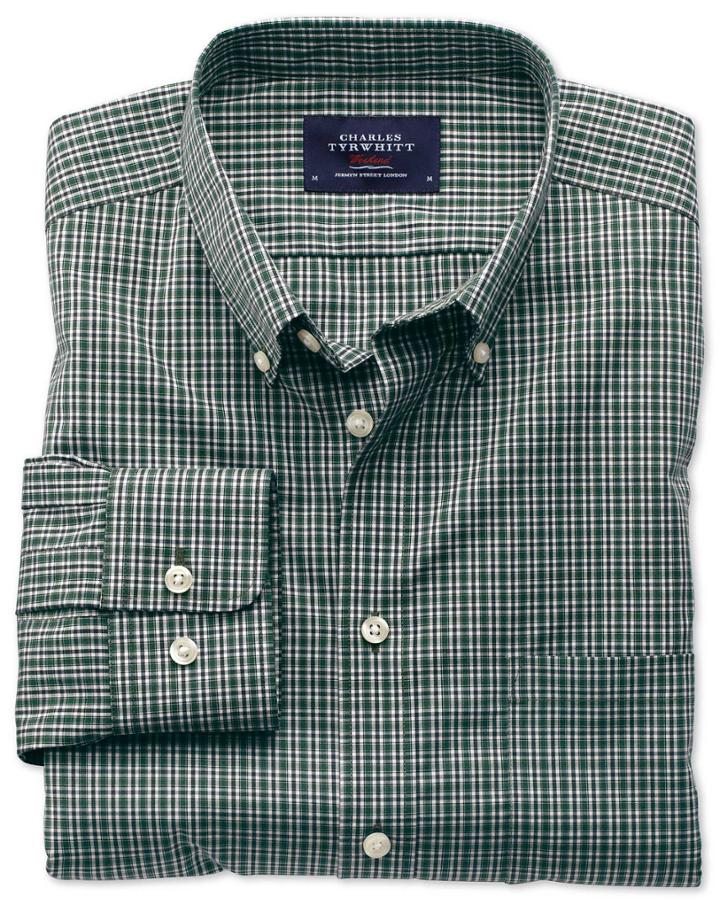 Charles Tyrwhitt Extra Slim Fit Non-iron Poplin Green And Blue Check Cotton Casual Shirt Single Cuff Size Xs By Charles Tyrwhitt