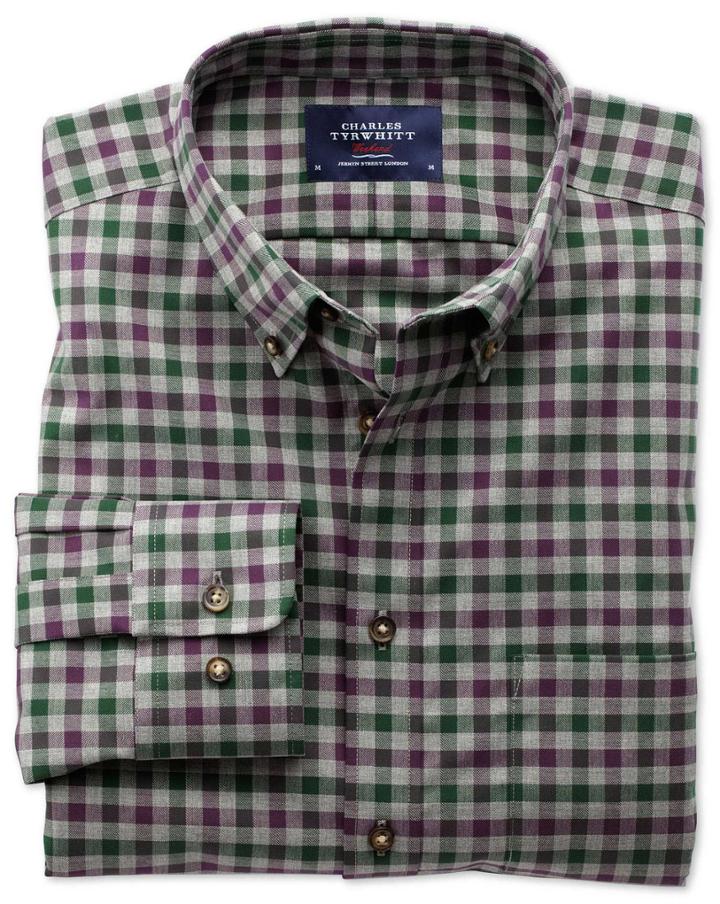 Charles Tyrwhitt Charles Tyrwhitt Slim Fit Non-iron Twill Wine And Green Check Cotton Dress Shirt Size Xs