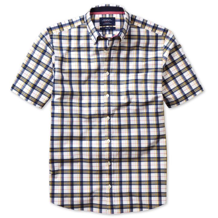 Charles Tyrwhitt Charles Tyrwhitt Navy And Yellow Multi Check Washed Favorite Slim Fit Short Sleeve Shirt (l)
