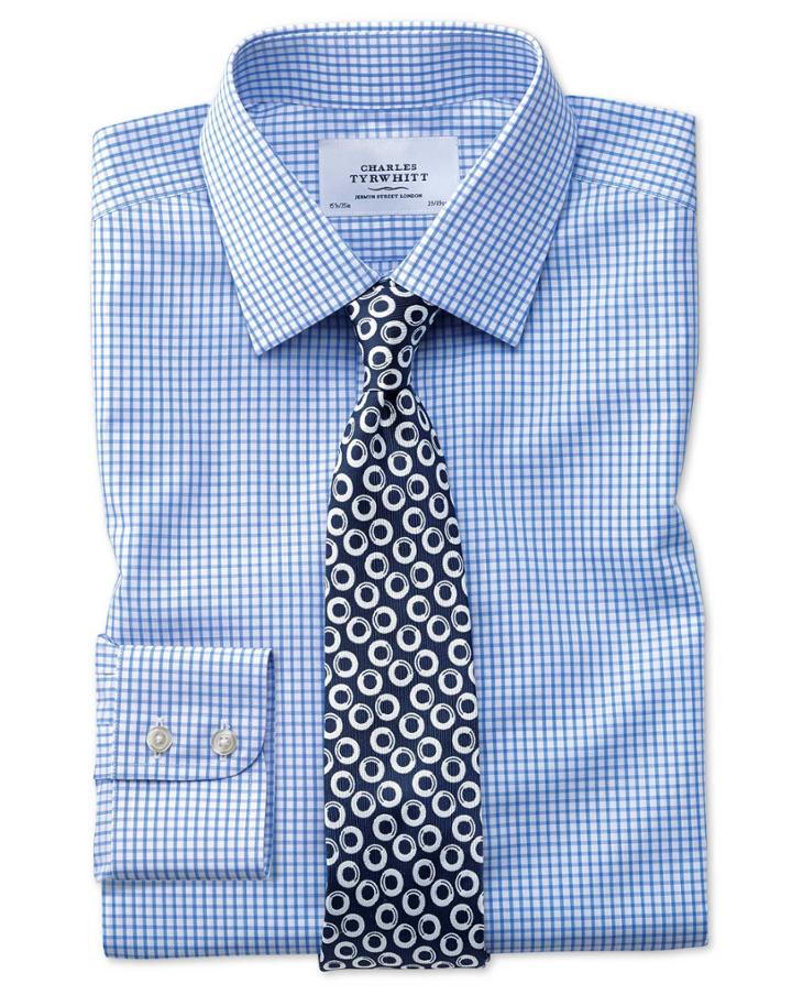 Charles Tyrwhitt Slim Fit Non-iron Grid Check Sky Blue Cotton Dress Shirt Single Cuff Size 15/34 By Charles Tyrwhitt