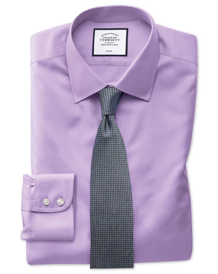  Slim Fit Light Lilac Non-iron Twill Cotton Dress Shirt Single Cuff Size 16/35 By Charles Tyrwhitt