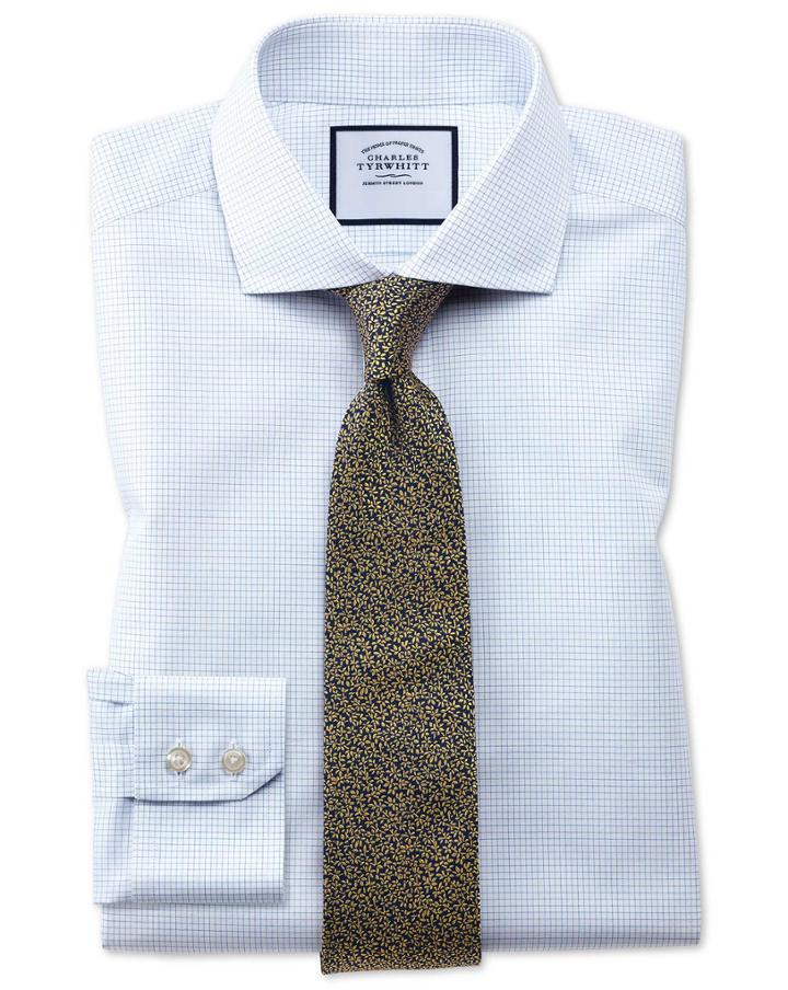  Extra Slim Fit Spread Collar Non-iron Natural Cool Micro Check Blue Cotton Dress Shirt Single Cuff Size 15.5/33 By Charles Tyrwhitt