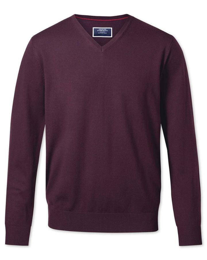  Wine Merino Wool V-neck Sweater Size Medium By Charles Tyrwhitt