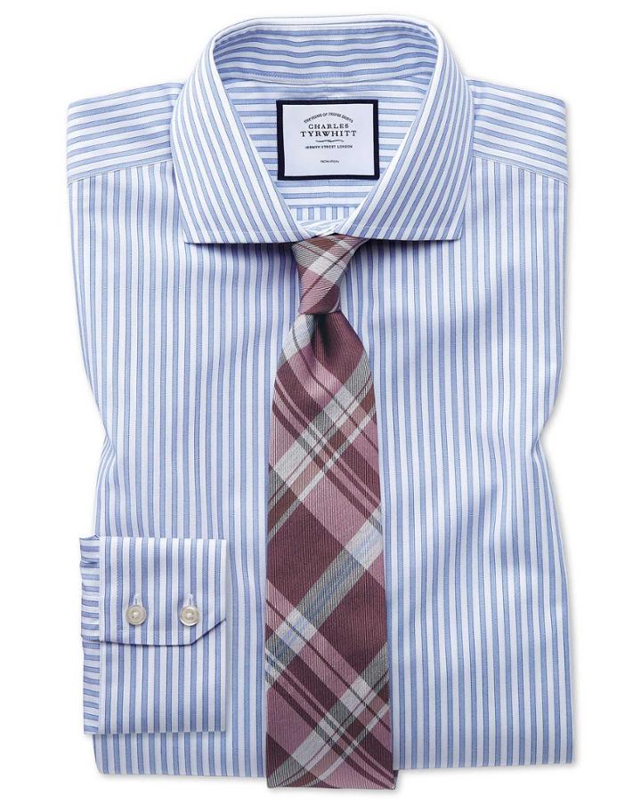  Extra Slim Fit Non-iron Shadow Stripe Sky Blue Cotton Dress Shirt Single Cuff Size 14.5/32 By Charles Tyrwhitt