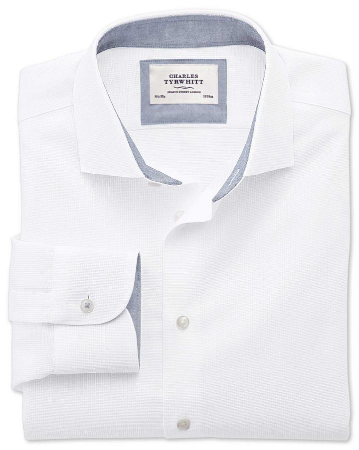 Charles Tyrwhitt Extra Slim Fit Semi-spread Collar Business Casual Textured White Cotton Dress Shirt Single Cuff Size 15.5/37 By Charles Tyrwhitt