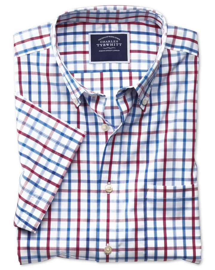 Charles Tyrwhitt Classic Fit Button-down Non-iron Poplin Short Sleeve Red Multi Check Cotton Casual Shirt Single Cuff Size Medium By Charles Tyrwhitt
