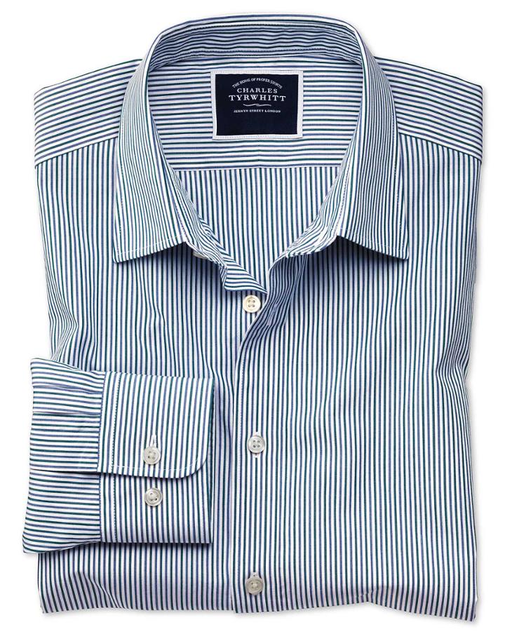  Slim Fit Blue And Green Stripe Soft Washed Cotton Casual Shirt Single Cuff Size Large By Charles Tyrwhitt