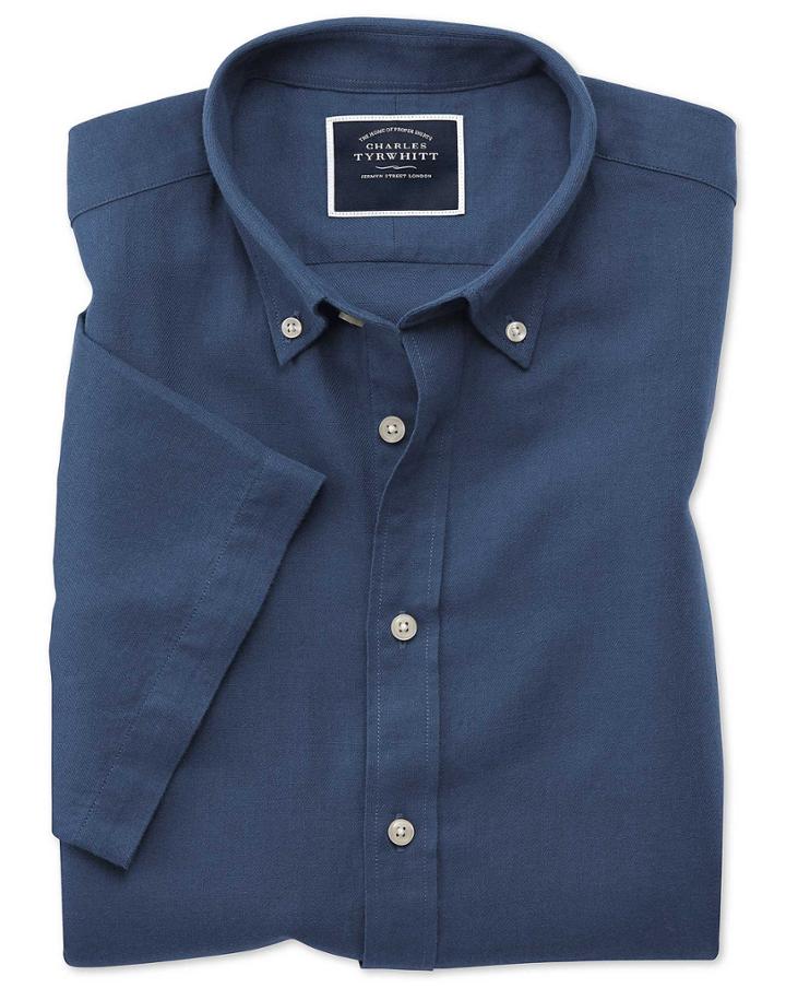  Classic Fit Dark Blue Cotton Linen Twill Short Sleeve Cotton/linen Casual Shirt Single Cuff Size Large By Charles Tyrwhitt