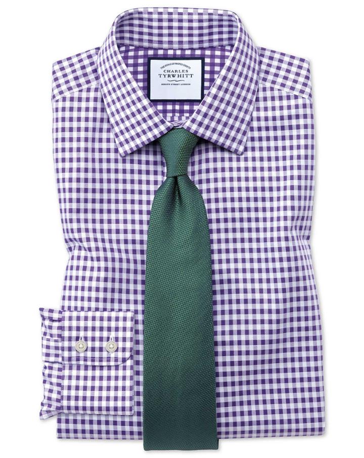 Charles Tyrwhitt Classic Fit Non-iron Gingham Purple Cotton Dress Shirt Single Cuff Size 15.5/35 By Charles Tyrwhitt