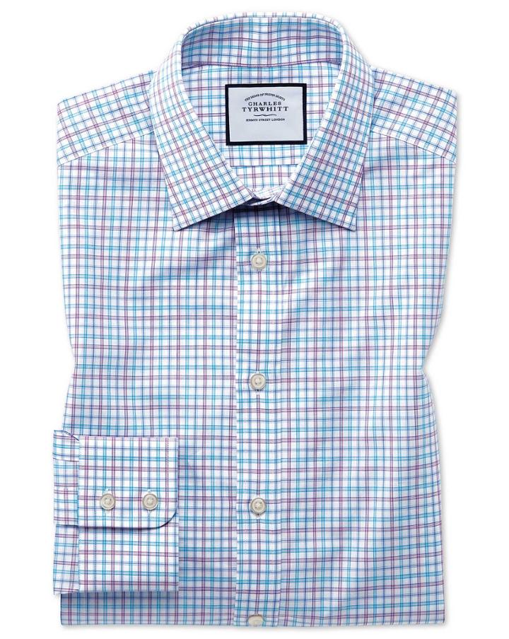  Classic Fit Egyptian Cotton Poplin Check Purple And Aqua Dress Shirt Single Cuff Size 15.5/33 By Charles Tyrwhitt