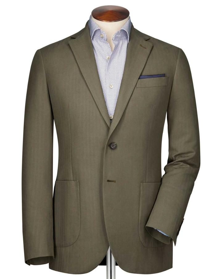 Charles Tyrwhitt Charles Tyrwhitt Slim Fit Khaki Herringbone Cotton Jacket Size 36