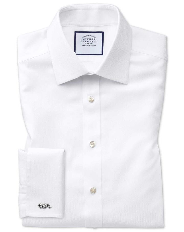  Slim Fit Non-iron White Arrow Weave Cotton Dress Shirt Single Cuff Size 14.5/32 By Charles Tyrwhitt