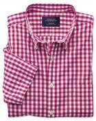 Charles Tyrwhitt Charles Tyrwhitt Classic Fit Non-iron Poplin Short Sleeve Raspberry Check Cotton Dress Shirt Size Large