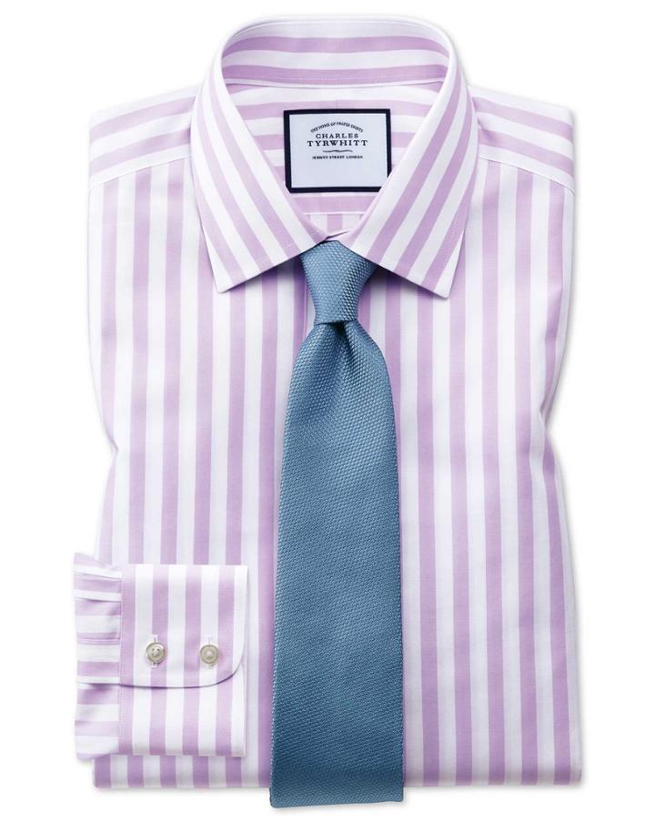  Extra Slim Fit Non-iron Purple Wide Bengal Stripe Cotton Dress Shirt Single Cuff Size 14.5/32 By Charles Tyrwhitt
