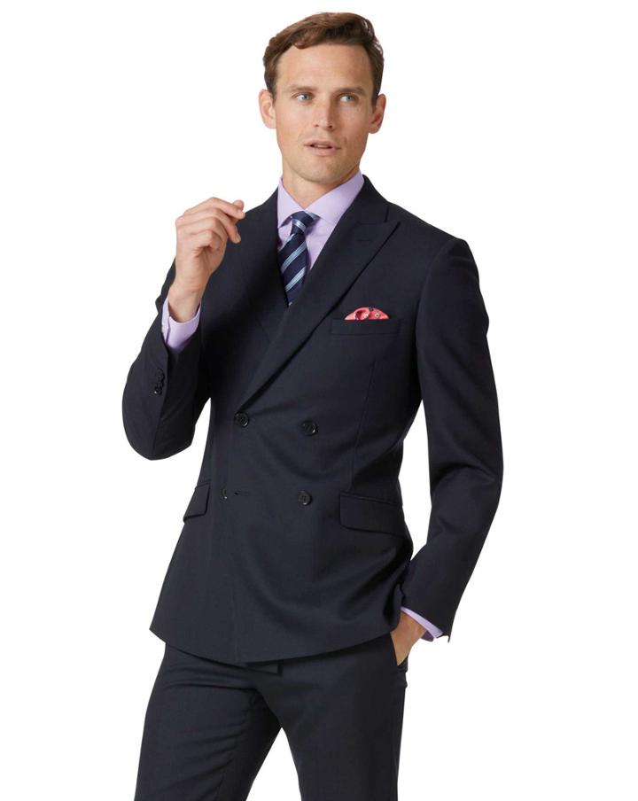  Midnight Blue Double Breasted Slim Fit Merino Business Suit Wool Jacket Size 38 By Charles Tyrwhitt