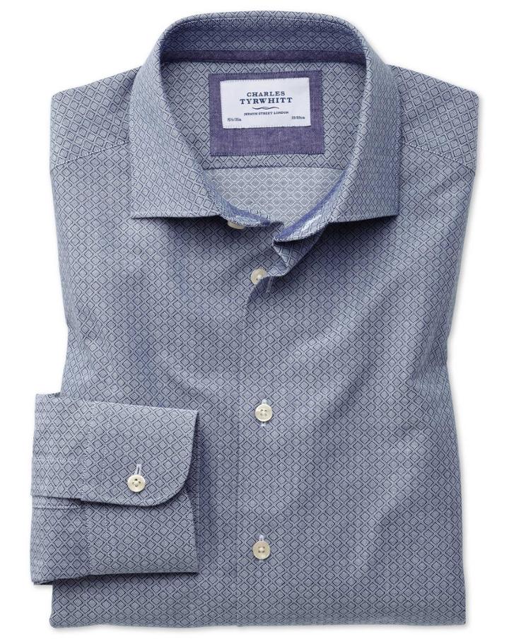 Charles Tyrwhitt Slim Fit Semi-spread Collar Business Casual Diamond Texture Navy And Grey Cotton Dress Shirt Single Cuff Size 15/33 By Charles Tyrwhitt