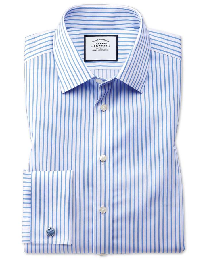 Charles Tyrwhitt Extra Slim Fit Non-iron Twill White And Sky Blue Stripe Cotton Dress Shirt French Cuff Size 16/34 By Charles Tyrwhitt