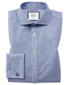  Slim Fit Spread Collar Non-iron Bengal Stripe Navy Cotton Dress Shirt Single Cuff Size 15/32 By Charles Tyrwhitt