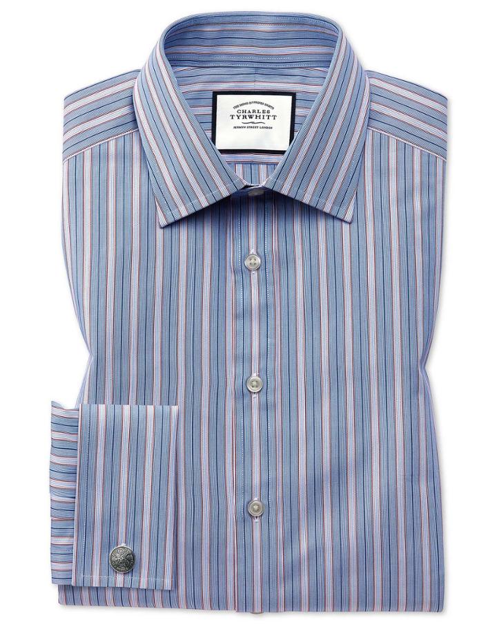  Classic Fit Red Multi Stripe Egyptian Cotton Dress Shirt French Cuff Size 15/33 By Charles Tyrwhitt
