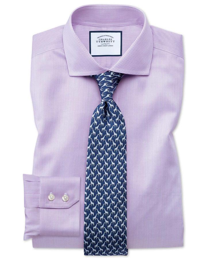  Slim Fit Cutaway Non-iron Puppytooth Lilac Cotton Dress Shirt Single Cuff Size 14.5/32 By Charles Tyrwhitt